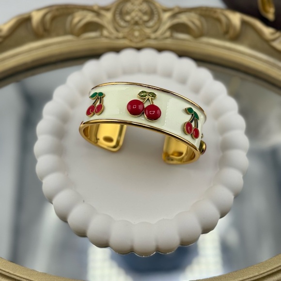 Cherry Enamel Gold Cuff Bracelet – PVD Gold Plated Stainless Steel - Picture 7 of 10